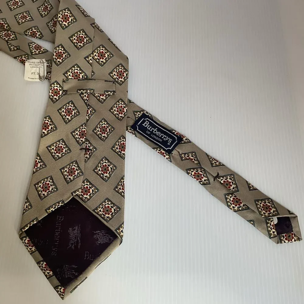 Vintage Burberrys of London Tie 100% Silk Made in USA Beige Geometric Print